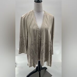 Chico's Size 3 (XL) Faux Suede Tan Blazer Jacket Laser Cut Out Pattern Scalloped